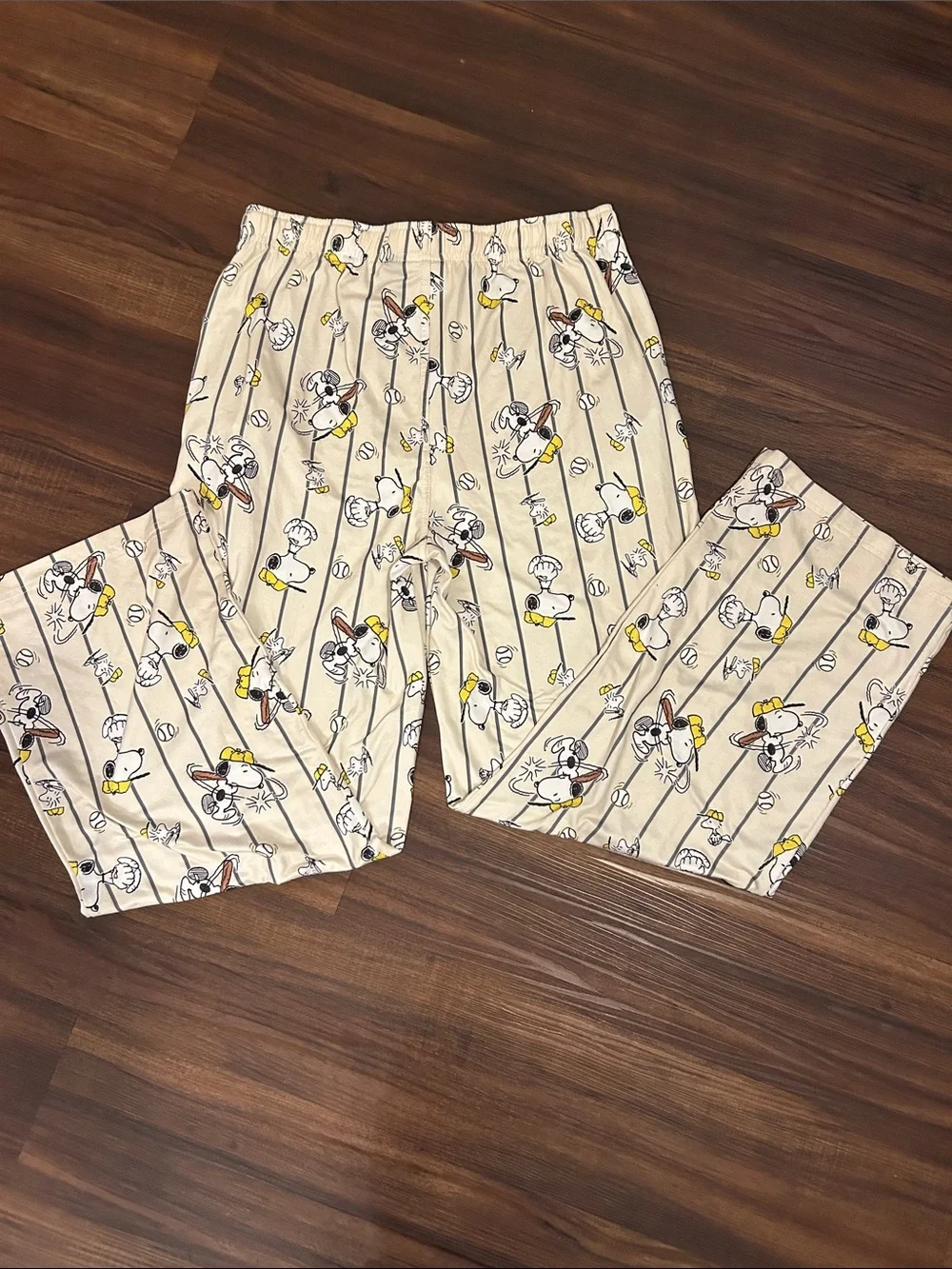 Peanuts Beige Snoopy Baseball Print Pajama Pants with Yellow Drawstring